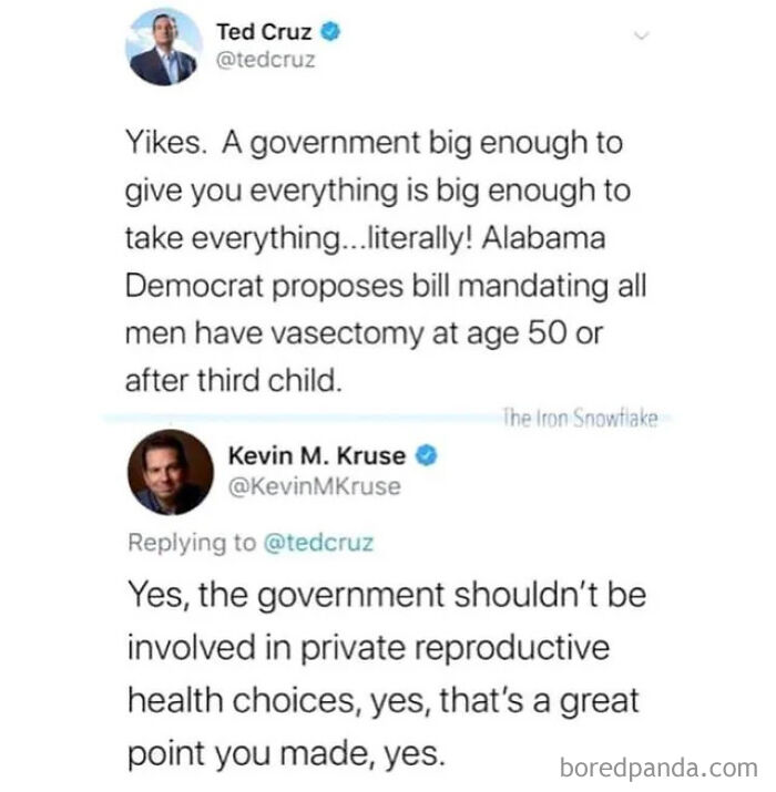 Twitter exchange showing a debate on government involvement in reproductive health, illustrating actions meeting consequences.