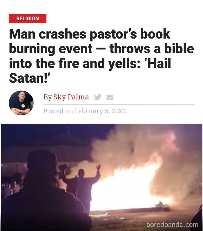Man disrupts pastor’s book burning event by throwing bible into fire, illustrating actions meet consequences in a fiery scene.