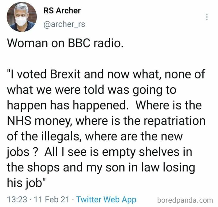 Tweet showing a person reflecting on Brexit consequences including job loss and unmet promises, illustrating actions meet consequences.