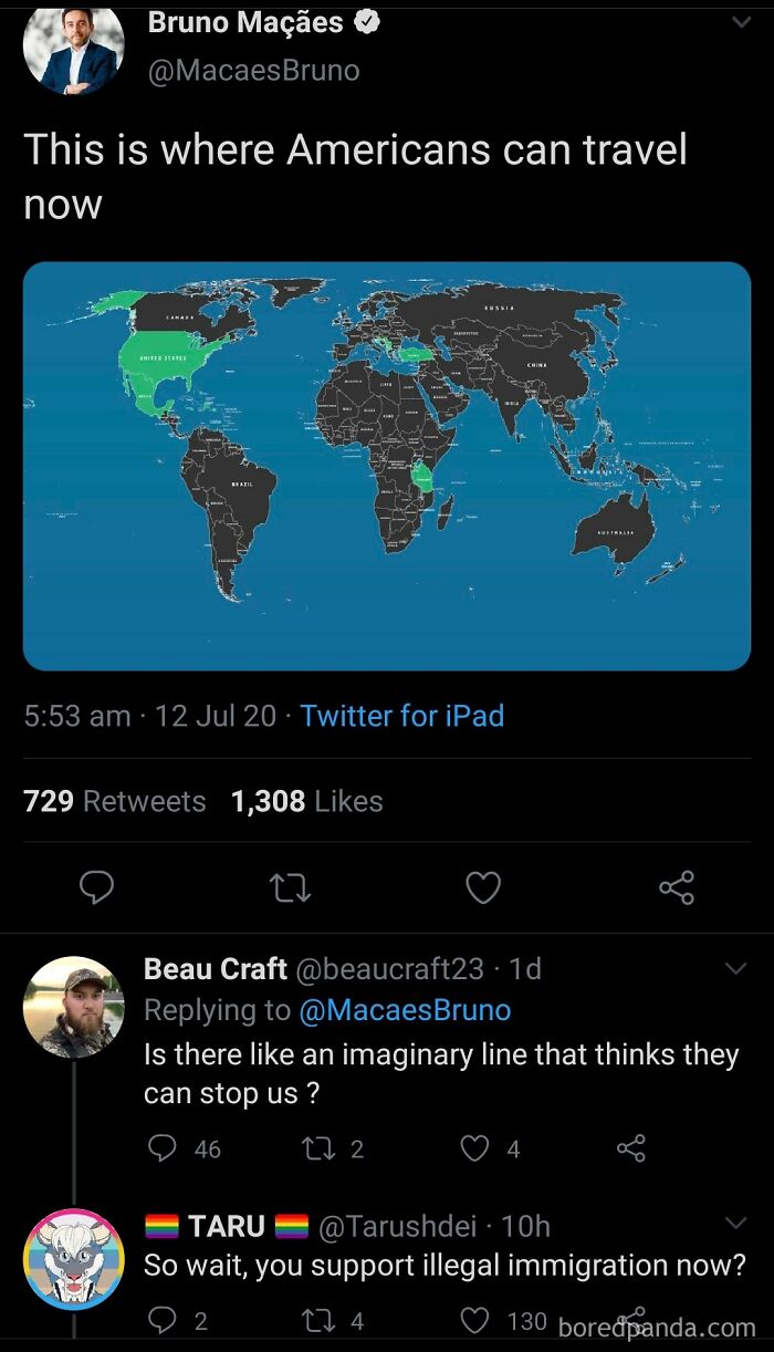 Screenshot of a Twitter post showing a travel map for Americans highlighting consequences of actions in travel restrictions.