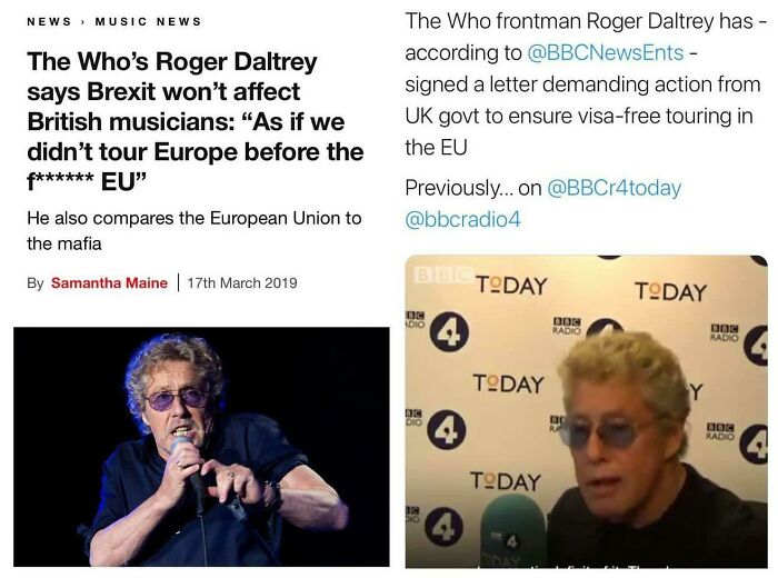 Roger Daltrey speaking at BBC Radio 4, illustrating actions and consequences in a music news context.