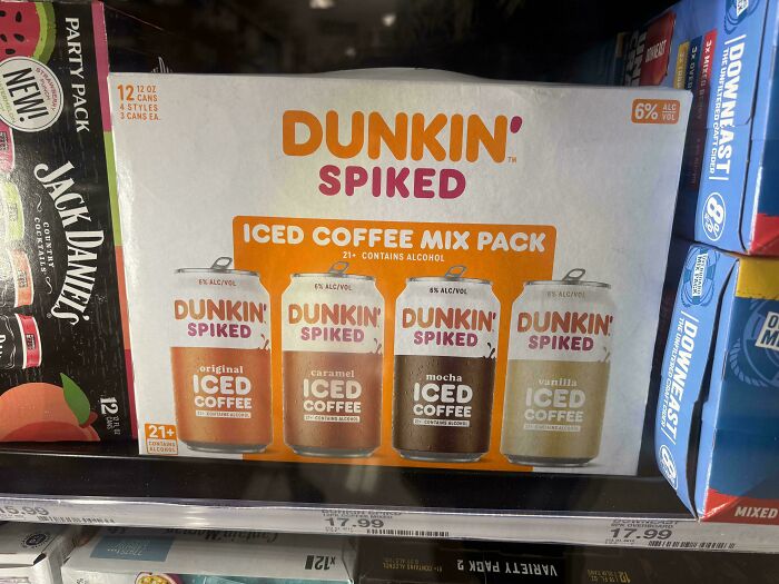 Dunkin spiked iced coffee mix pack with four flavors, a unique and nonsensical beverage product on store shelf.