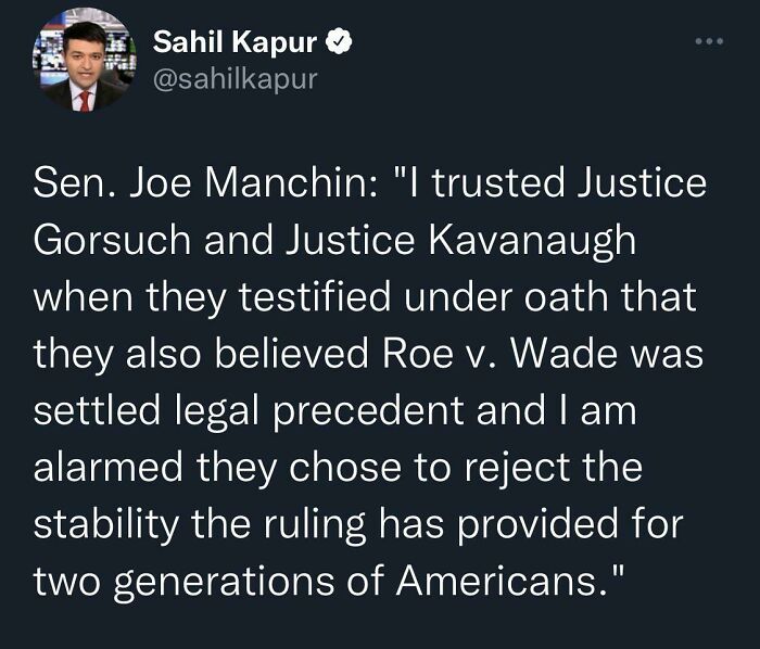 Tweet screenshot showing Sen. Joe Manchin expressing alarm over justices rejecting legal precedent, illustrating actions meeting consequences.