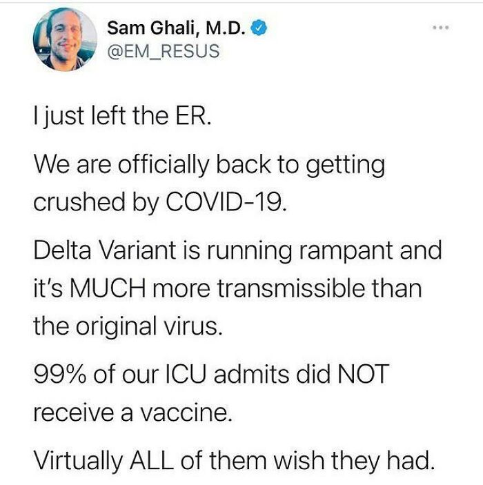 Tweet from verified doctor discussing ICU patients crushed by COVID-19 Delta variant, highlighting actions and consequences.