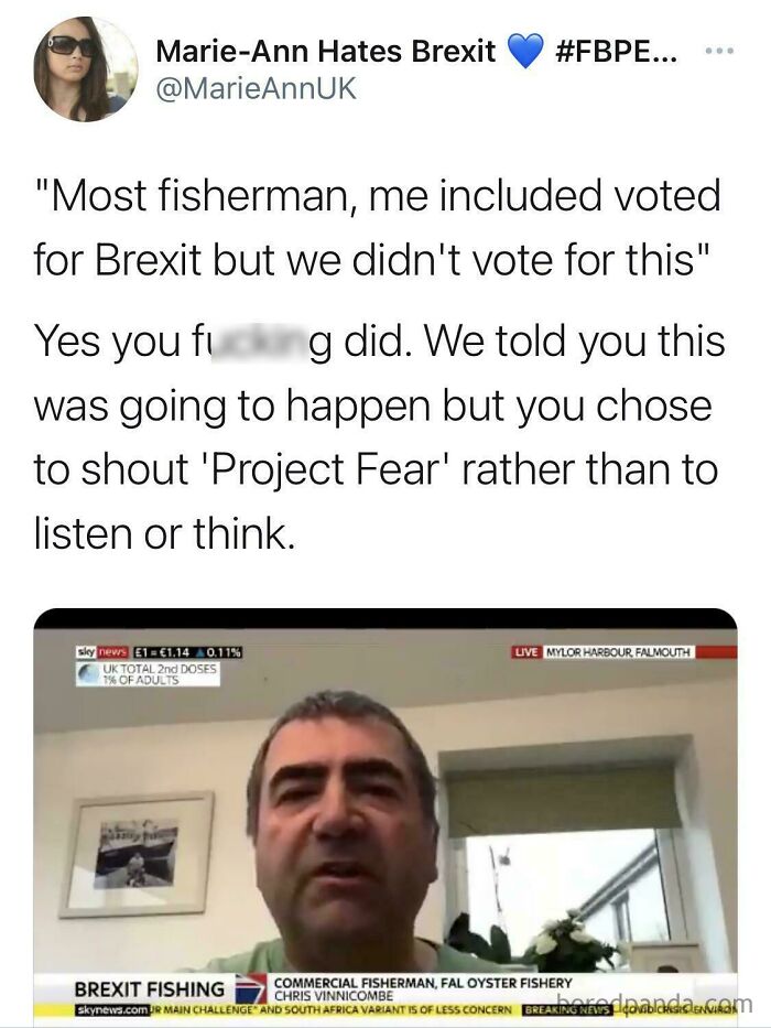 Tweet about Brexit fishing consequences with a commercial fisherman discussing Brexit and its impact on fishing industry.