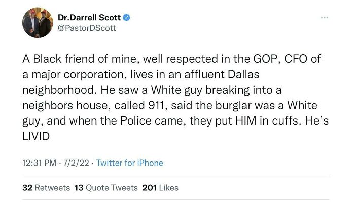 Tweet screenshot showing a story of unintended consequences where calling the police led to the wrong person being cuffed.