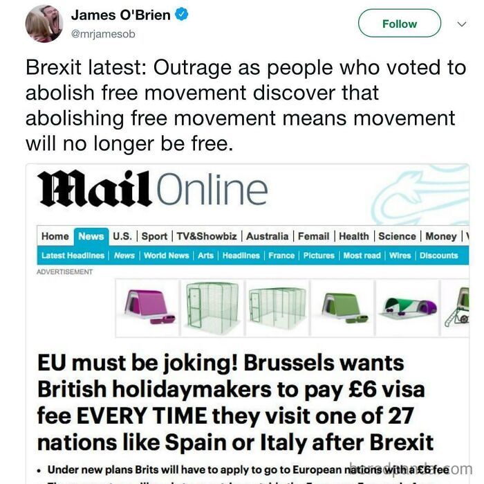 Tweet about Brexit backlash as people face consequences of abolishing free movement with new visa fees after Brexit decision.