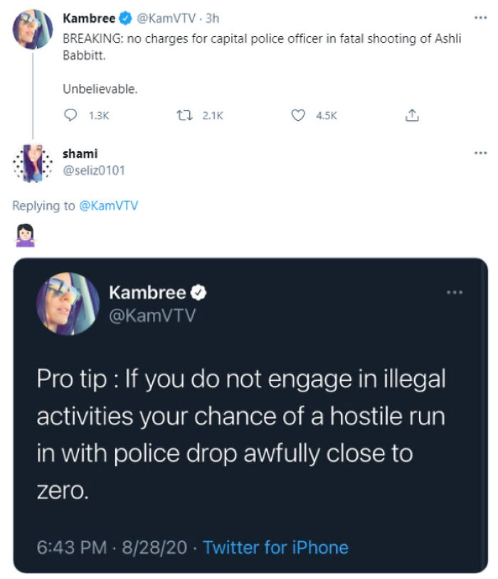 Screenshot of a Twitter thread highlighting how actions meet consequences during a police shooting controversy.