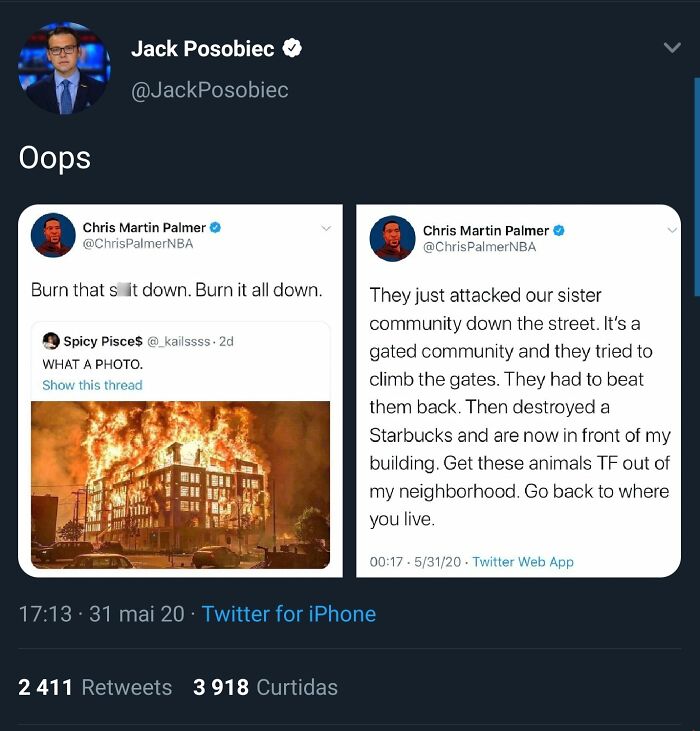 Screenshot of a Twitter post showing people facing consequences after their actions lead to chaos and destruction.