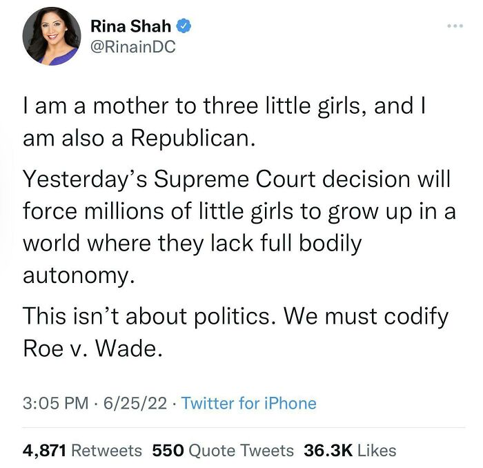 Tweet by Rina Shah expressing concern over Supreme Court decision impacting bodily autonomy of girls relating to actions and consequences.
