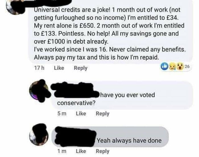 Social media comments showing consequences after actions related to voting and welfare frustrations.