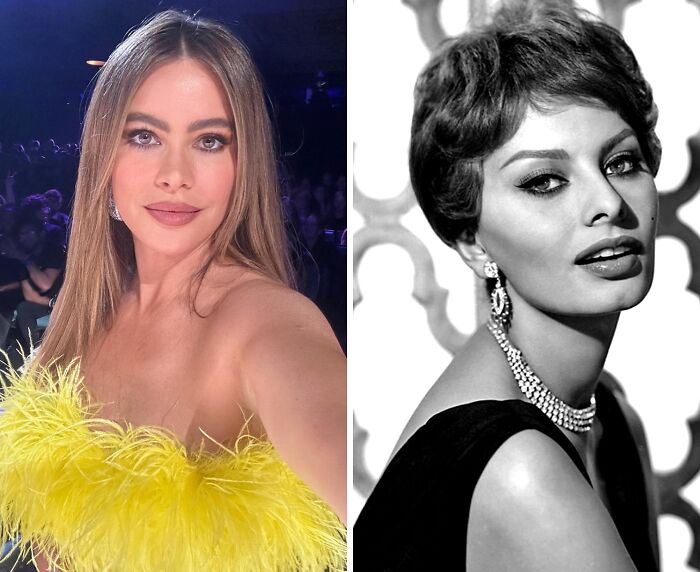 Side-by-side photos of two women illustrating celebrities who could play their own historical counterparts, one in color and one in black and white.