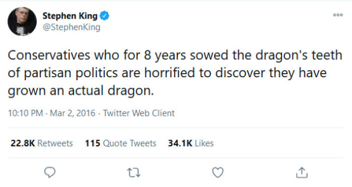 Screenshot of a tweet illustrating actions meeting consequences with a political metaphor about partisan politics.