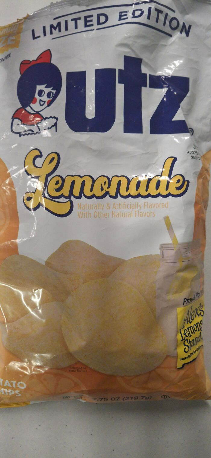Limited edition Utz lemonade flavored potato chips bag with chips and a lemonade jar showing unusual snack flavor.