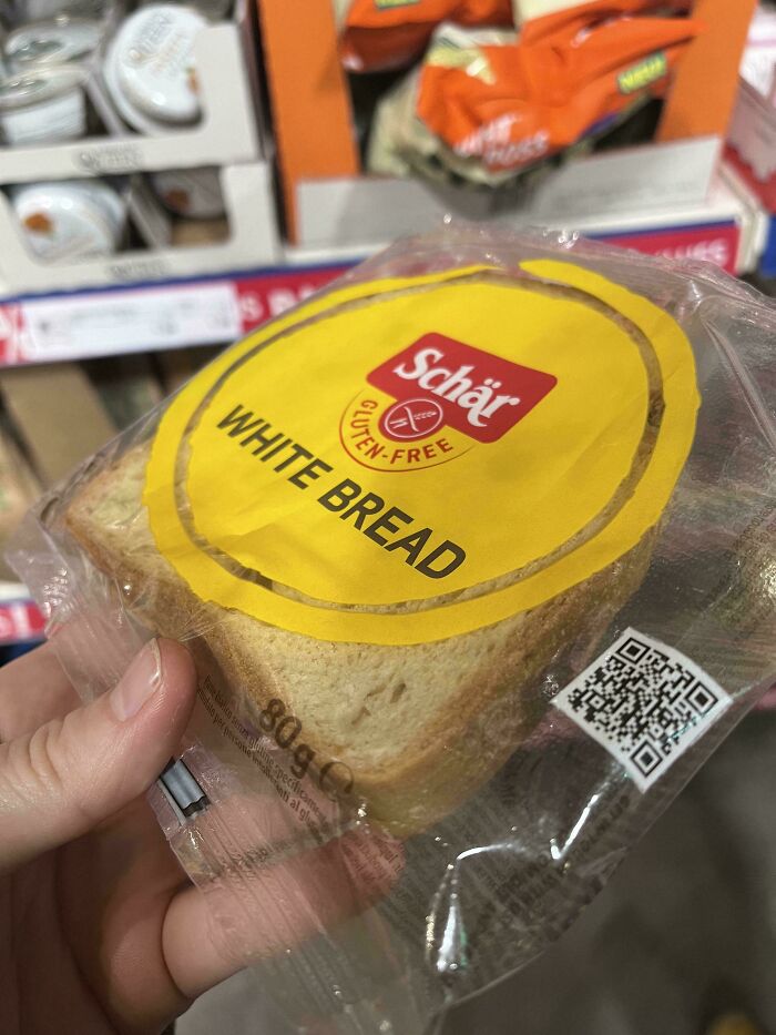 Gluten-free white bread slice packaged individually, showcasing one of the most nonsensical things that actually exist.