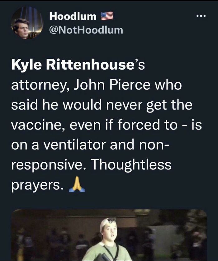 Tweet about Kyle Rittenhouse's attorney on ventilator highlighting actions meeting consequences with a prayer emoji.