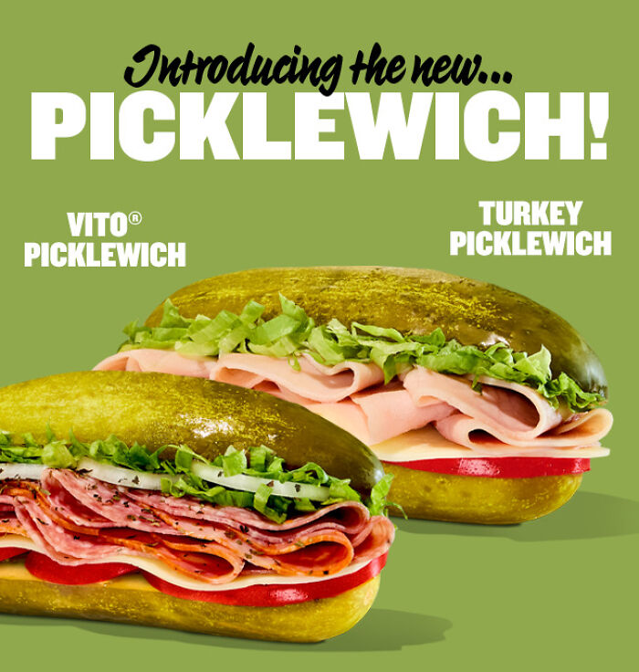 Two nonsensical picklewich sandwiches with deli meats and lettuce between large pickles as buns on a green background.