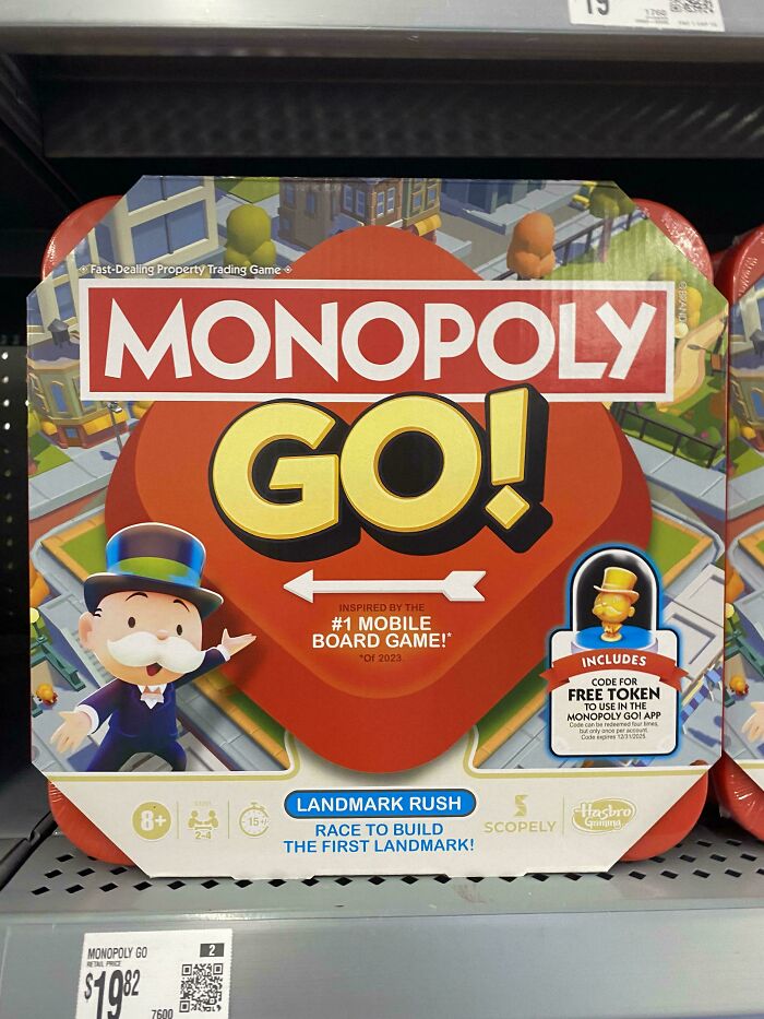 Monopoly Go board game packaging featuring landmark rush edition and digital free token for mobile play.