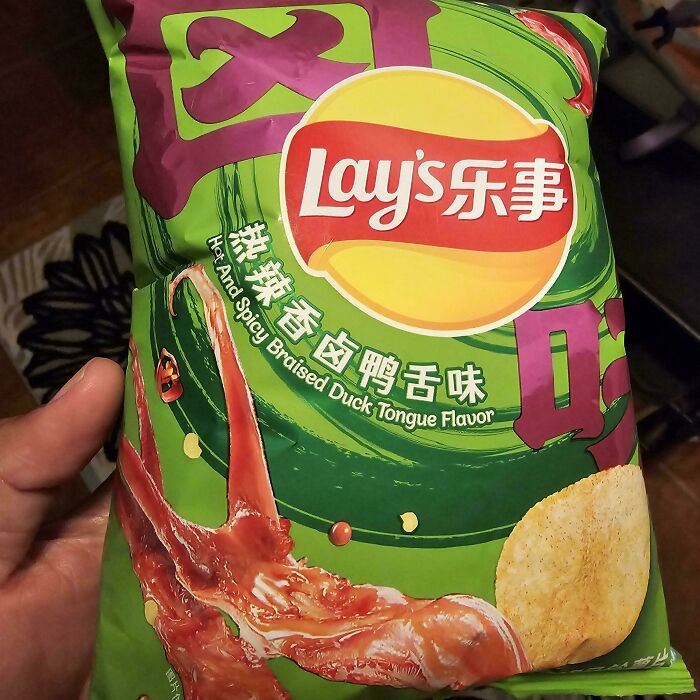 Lay's hot and spicy braised duck tongue flavored chips as a nonsensical thing that actually exists.
