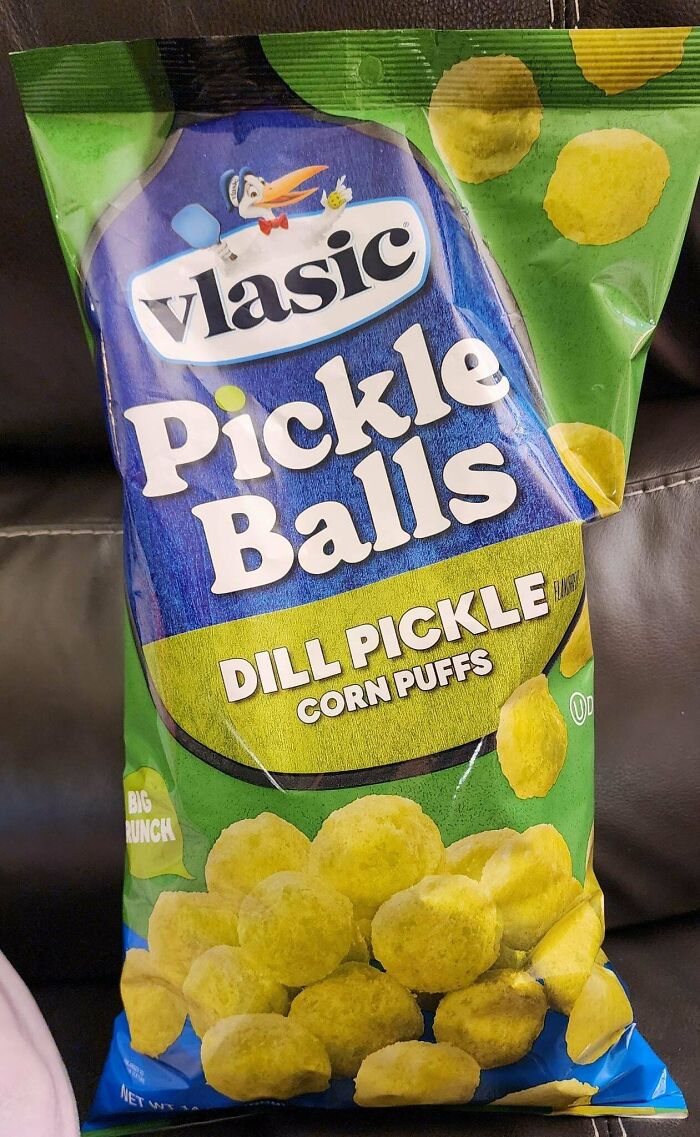 Bag of Vlasic Pickle Balls dill pickle flavored corn puffs, a nonsensical snack that actually exists.