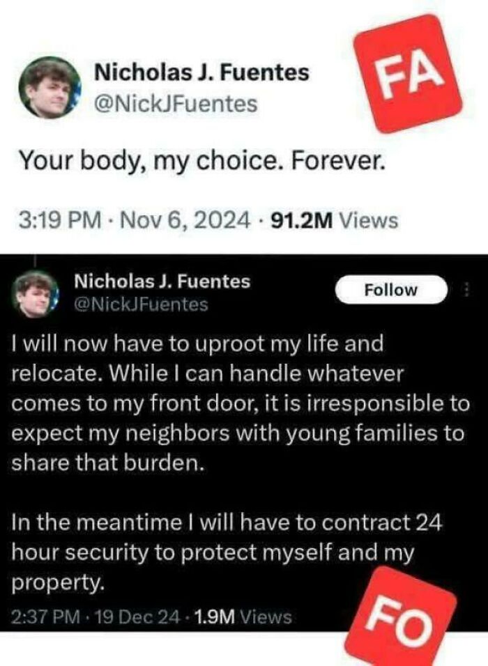 Tweet showing a person facing consequences after their actions, highlighting personal responsibility and relocation plans.