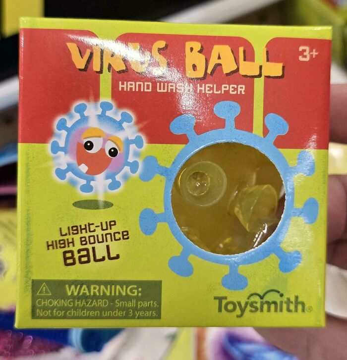 Virus ball toy packaging showing a light-up high bounce ball shaped like a virus, a nonsensical novelty item.