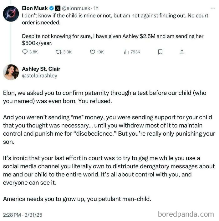 Tweet exchange showing a public paternity dispute illustrating actions meeting consequences and personal conflicts.