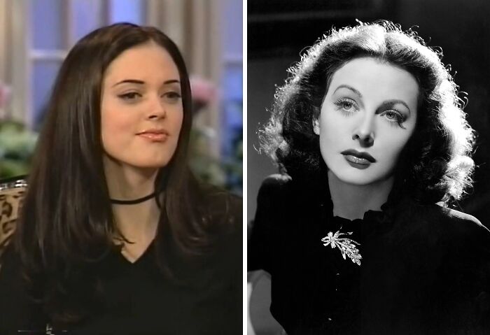 Young woman with dark hair on the left and vintage black-and-white portrait of a woman on the right showing celebrities as historical counterparts.