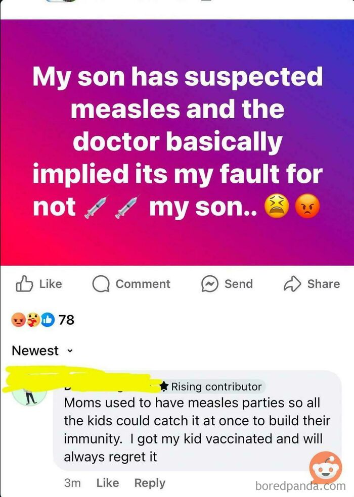 Social media post showing a parent blamed for son's measles, highlighting actions meeting consequences with vaccination regret.