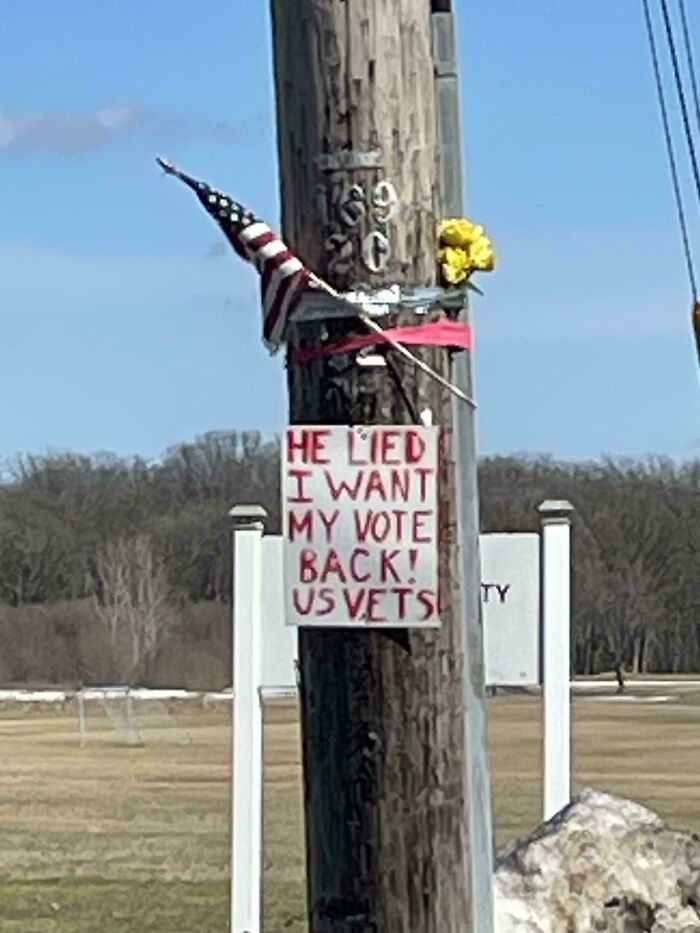 Protest sign on pole with American flag and flowers, showing consequences of actions by US veterans demanding their vote back.