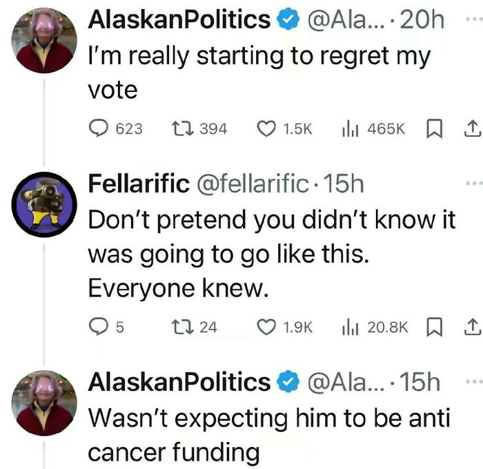 Social media conversation showing people facing consequences after regretted voting actions and unexpected political outcomes.