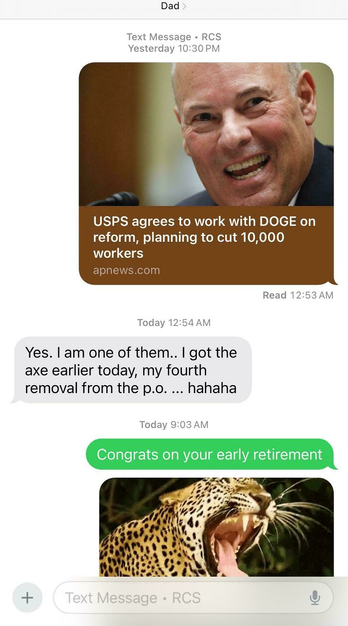 Text message exchange about USPS layoffs and early retirement, showing actions meeting consequences in a humorous context.