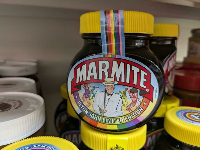 Limited edition Marmite jar with colorful label featuring Elton John, showcasing one of the most nonsensical things that actually exist.
