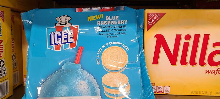 Blue raspberry flavor creme filled cookies packaging next to Nilla wafers, showcasing unique and nonsensical snack options.