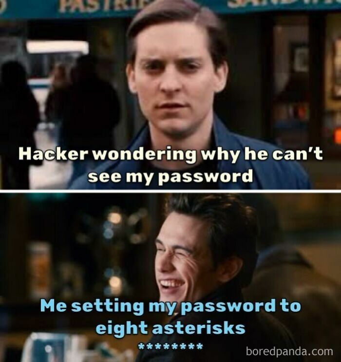 Spider-Man meme showing hacker confused by hidden password and user laughing after setting password to eight asterisks in a Marvel meme.