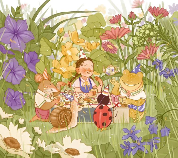 Gentle charming illustrations of a girl and animals having a tea party surrounded by colorful flowers and greenery.
