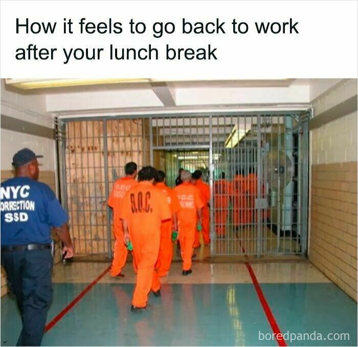 Prisoners in orange uniforms walking back through a gate, illustrating the feeling of returning to work after a lunch break in work memes.