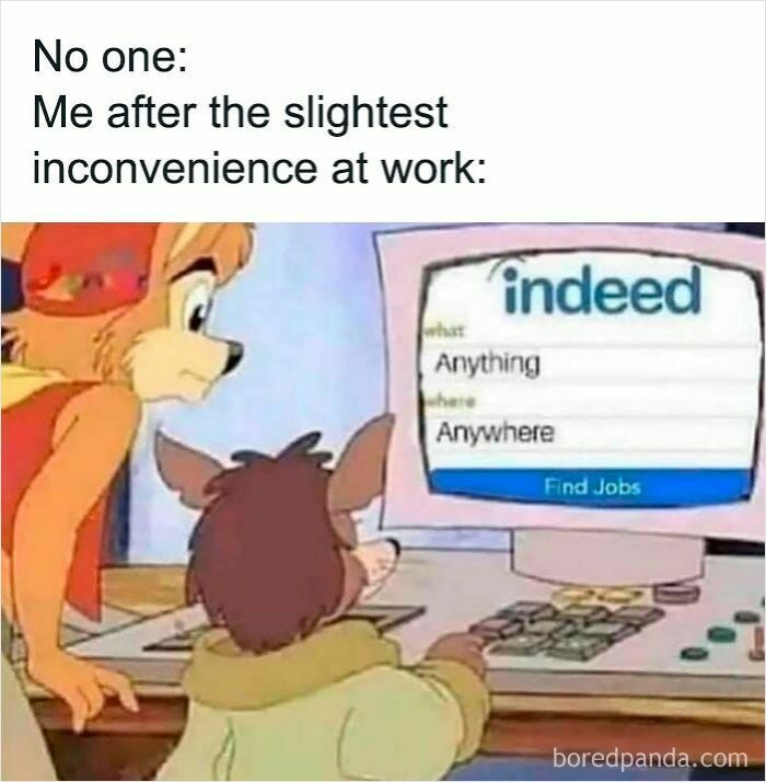 Cartoon characters looking at a computer screen with a job search on Indeed, depicting a work meme about inconvenience at work.