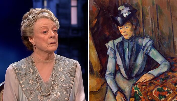 Split image showing a celebrity on screen and a historical portrait, illustrating celebrities playing historical counterparts.