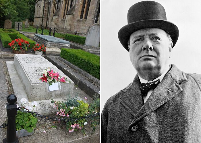Grave of famous celebrity Winston Churchill adorned with flowers, a popular celebrity grave drawing visitors worldwide.