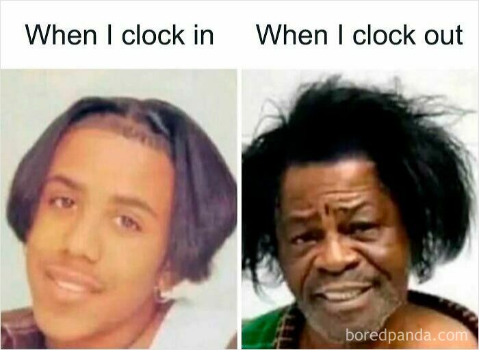 Side-by-side work memes showing a neat hairstyle when clocking in and a messy look when clocking out.