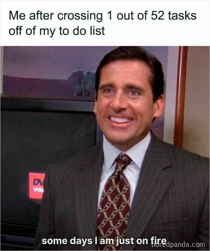 Man in suit smiling titled with task list humor, a relatable work meme to enjoy during coffee breaks.