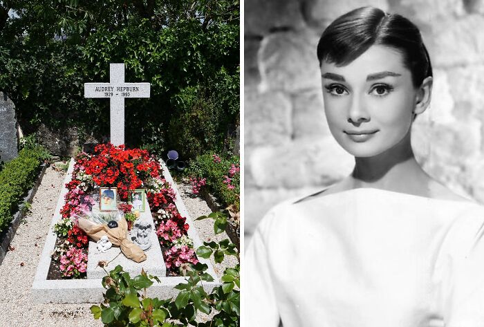Grave of Audrey Hepburn surrounded by flowers, a famous celebrity grave that draws visitors from around the world.