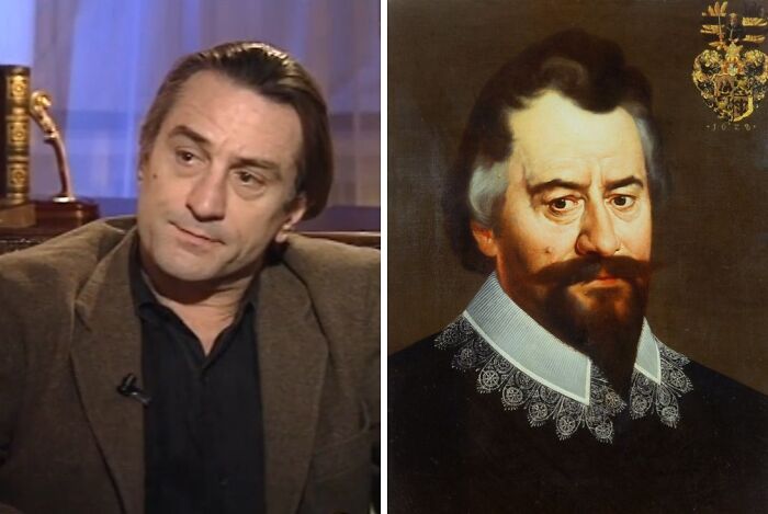 Side-by-side image of a celebrity and a historical figure illustrating celebrities playing their own historical counterparts.