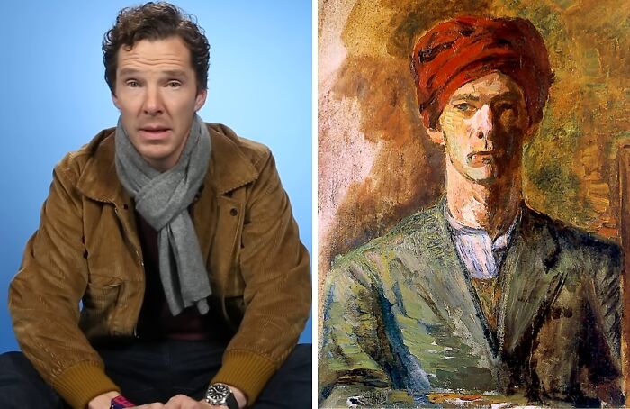 Actor resembling historical figure in a side-by-side comparison, illustrating celebrities playing historical counterparts.