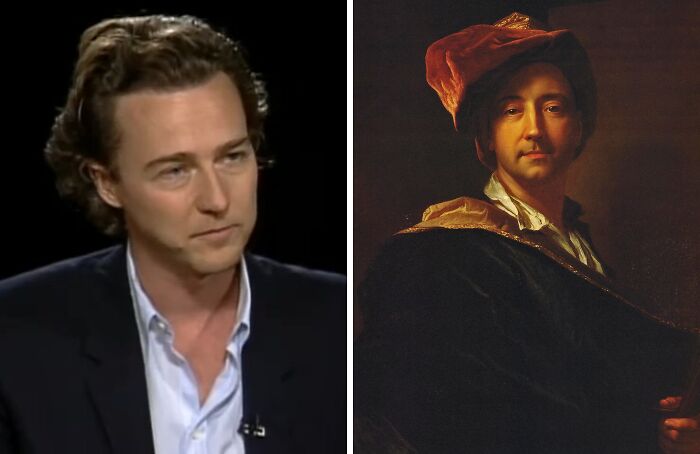 Side-by-side image of a celebrity and a historical portrait showing strong resemblance for celebrities playing historical counterparts.