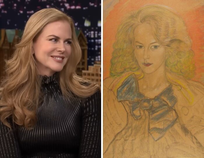 Actress smiling during a TV interview beside a colored pencil portrait highlighting celebrities playing historical counterparts.