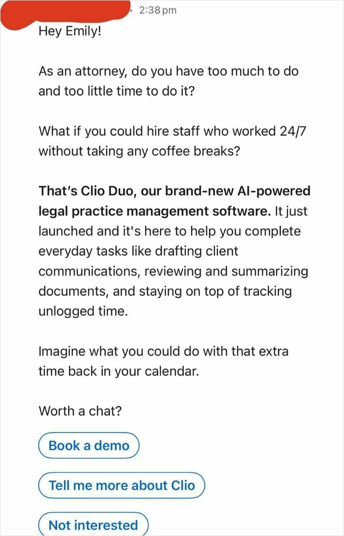 Text message promoting AI-powered legal practice management software for attorneys, highlighting 24/7 staff and efficiency benefits.
