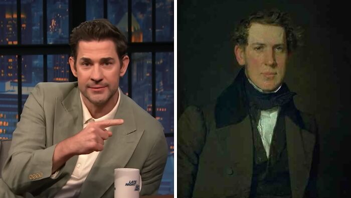 Actor in a suit pointing on a late night show alongside a historical portrait of a similar-looking man.
