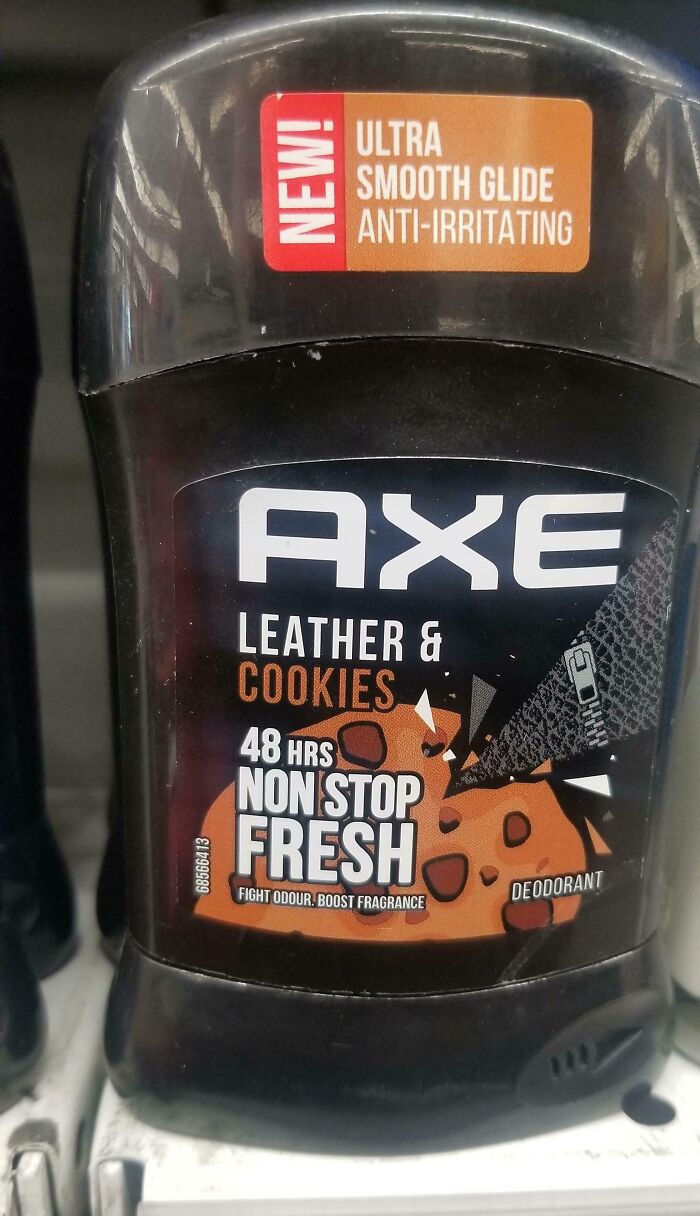 Axe deodorant with unusual leather and cookies scent, promoting 48 hours non stop fresh fragrance and anti-irritating formula.